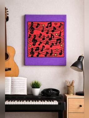 Handpainted Musical Notes Canvas Art 8x10 Purple Pink Red Music Room Wall Decor